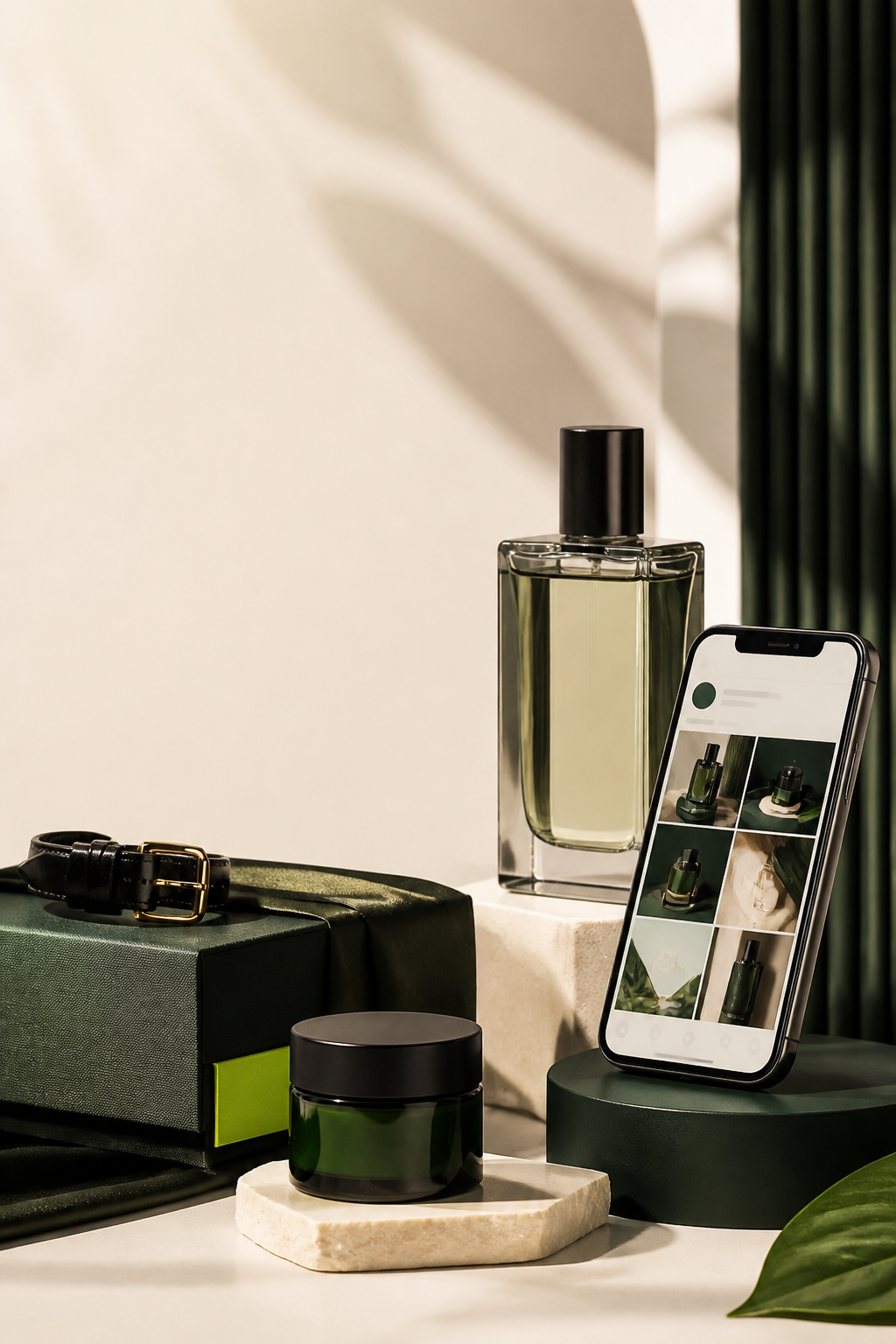 Premium ecommerce products and a smartphone arranged for a campaign